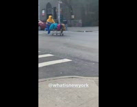 Yellow jacket guy runs pushes shopping cart
