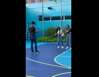Two girls dance tiktok blue basketball court