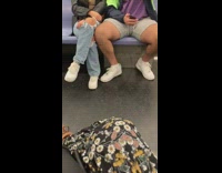 Two couples matching black white shoes subway