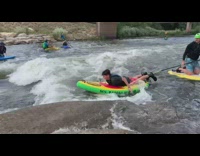 Kid Tries Paddle Board on River and Falls