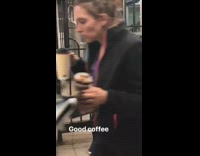 good coffee drunk woman purple shirt drinking coffee