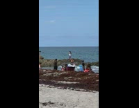 White shirt guy bikini girl squats rock 