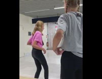 Two blonde teen girls dance tiktok airport