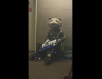 Person in sad grey teddy bear mascot suit plays piano on the floor 