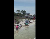 Girl black top denim shorts lake kids 