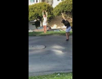 Woman jacket raise hands photo shoot park