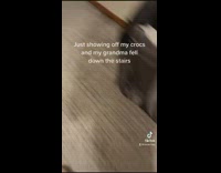 Guy orange crocs runs out of room loud noises