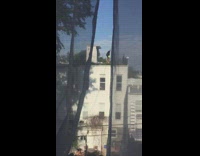 Girl green shorts dance rooftop window curtain