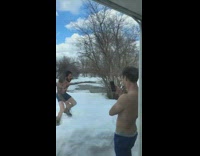 Man snow angel shirtless boxers