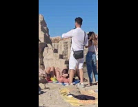 Woman yellow dress beach photoshoot with crew Part 1