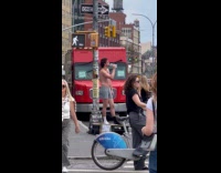 Man gray boxers look at underwear billboard