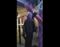 Girl jumps and hugs person wearing bunny mask fail