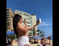 White shorts girl beach aloha makeup bag