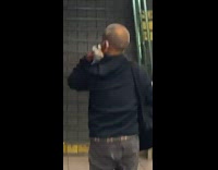 Guy grey bird on shoulder subway platform 