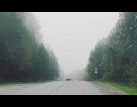 Car drives through fog green trees road