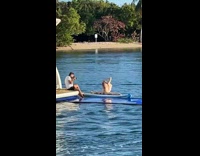 Woman white bikini split flexible surfboard yacht 