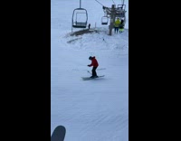 Guy on ski lift yells at another skier to dance and he does