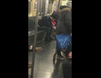 Man walks dog wearing blue ikea bag on subway train