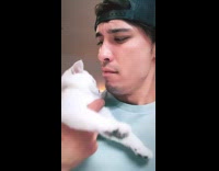 Guy holds small meowing kitten 
