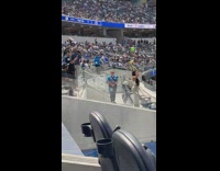 Woman in white crop top wave flags on the VIP Area