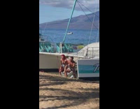 Couple denim shorts dance  clap beach boat 