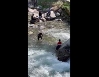 Man leans on the rock at the strong current river