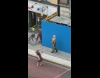 Old woman thick sole shoes blue wall