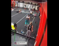 Woman wears resistance band trips falls