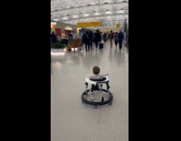 Baby in walker walks around the airport 