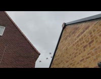 Ten airplanes fly in arrow formation overcast 