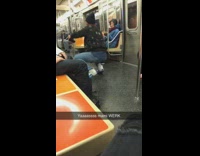 Collab Subway Creatures - Guy orange scarf gets down low and dances on subway train