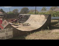 Collab ShredSlams - Skater drops down bowl on half pip skateboard ramp, gets wheel stuck and falls off board 