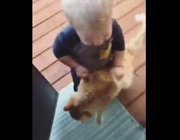 Baby boy carries brown cat inside fail 
