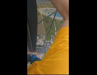 POV man climb barefoot free solo on tower