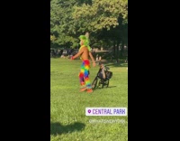 Shirtless guy rainbow pants dances park grass