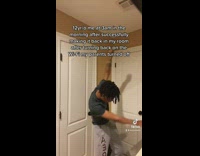 Guy green shirt dancing in room between two doors