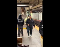 Woman no pants dance in subway station