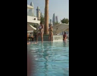 Woman bikini flex butt swimming pool party pictorial