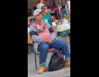 Man sits on chair pigeon on chest