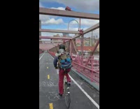 Dog rides bike in backpack 