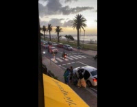 Woman white dress model side of road