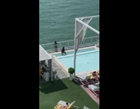 Women bikini sit poolside stairs pictorial beach