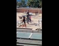 Dad film wife walk with suitcase rooftop