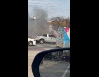 Silver pickup truck on fire at street Part 1