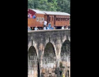 Woman blue jumpsuit walks the bridge edge
