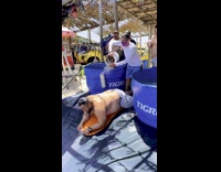 Workers struggling to push chubby guy on waterslide kick him down