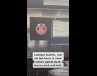 Computer monitor showing code making circle pink ping moving left and right