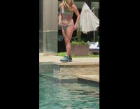 Woman blue bikini shoes photo shoot swimming pool