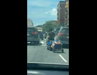 Collab WINY - Man drive scooter drag cart with groceries