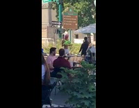 Guy pink wig run fake chest bounce